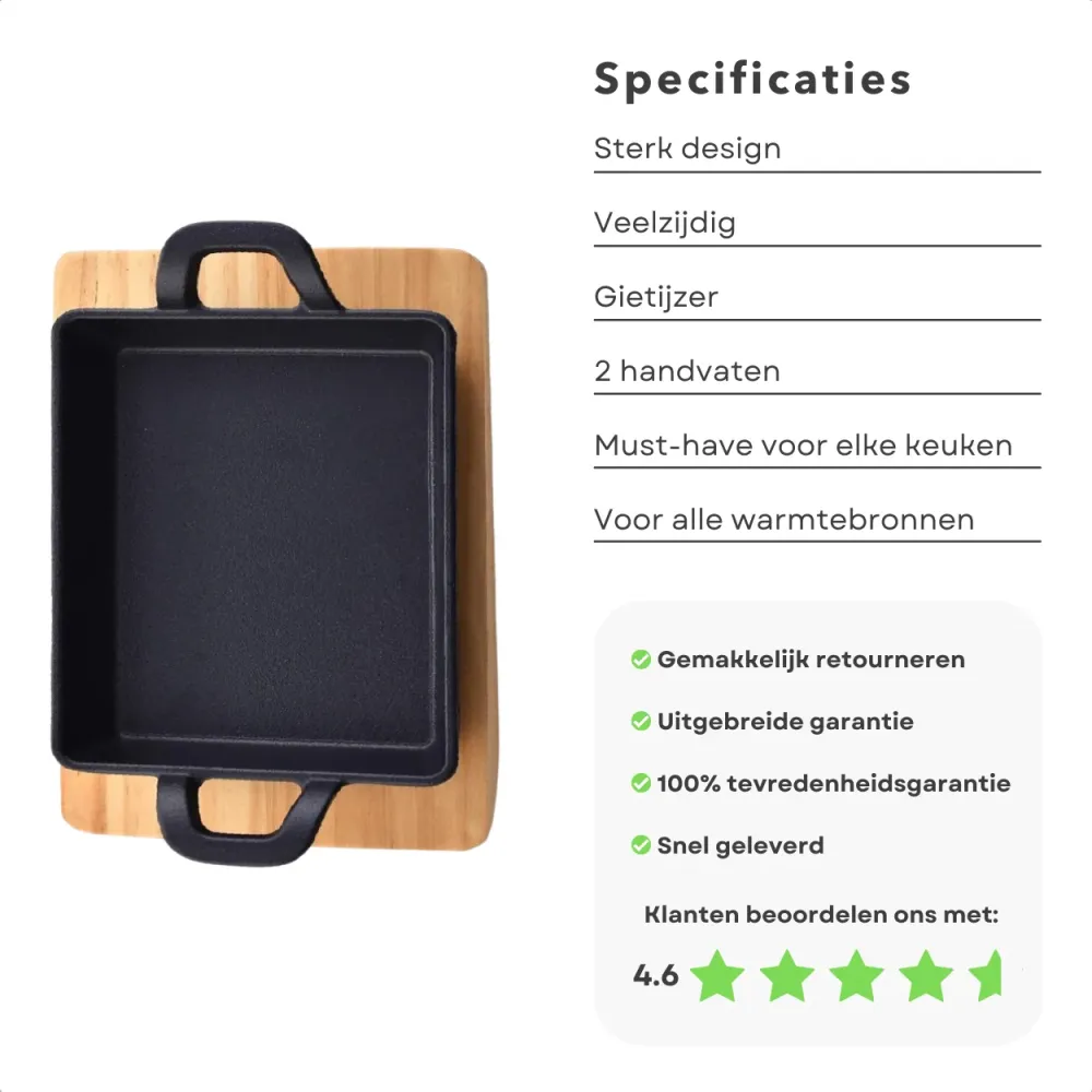 Cheqo® Vierkante Koekenpan - Gietijzeren Braadpan - Tapaspan met Serveerplank - Gietijzer