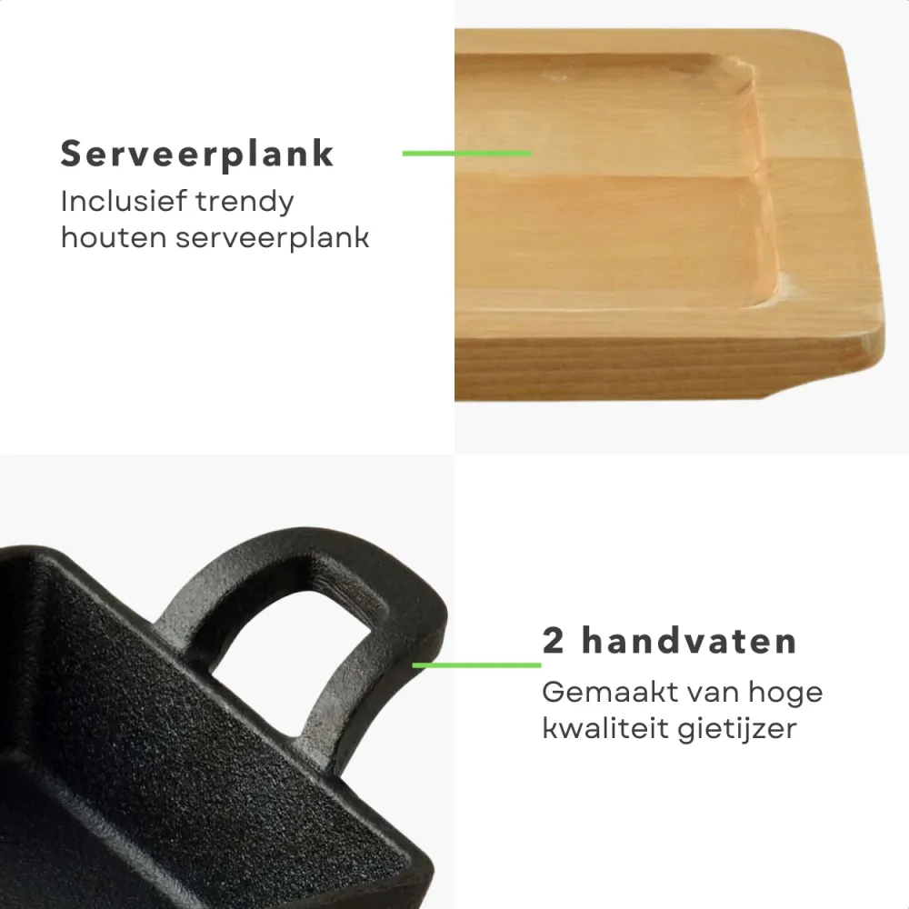 Cheqo® Vierkante Koekenpan - Gietijzeren Braadpan - Tapaspan met Serveerplank - Gietijzer