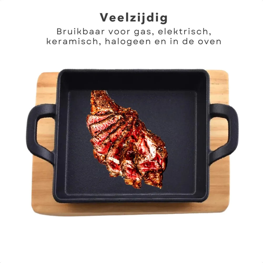 Cheqo® Vierkante Koekenpan - Gietijzeren Braadpan - Tapaspan met Serveerplank - Gietijzer