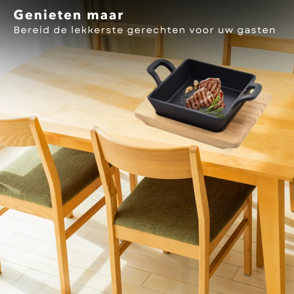 Cheqo® Vierkante Koekenpan - Gietijzeren Braadpan - Tapaspan met Serveerplank - Gietijzer