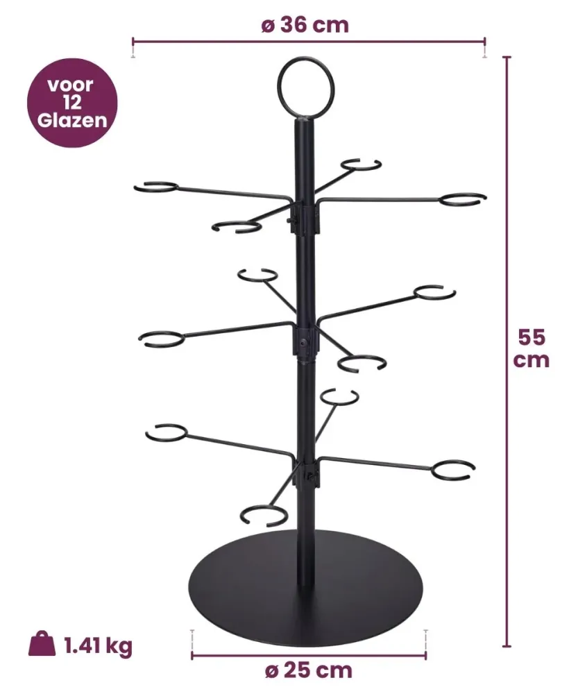 Cookinglife Cocktail boom voor 12 Glazen – Cocktail Tree & Etagère – Glasstandaard Serveertoren – Zwart