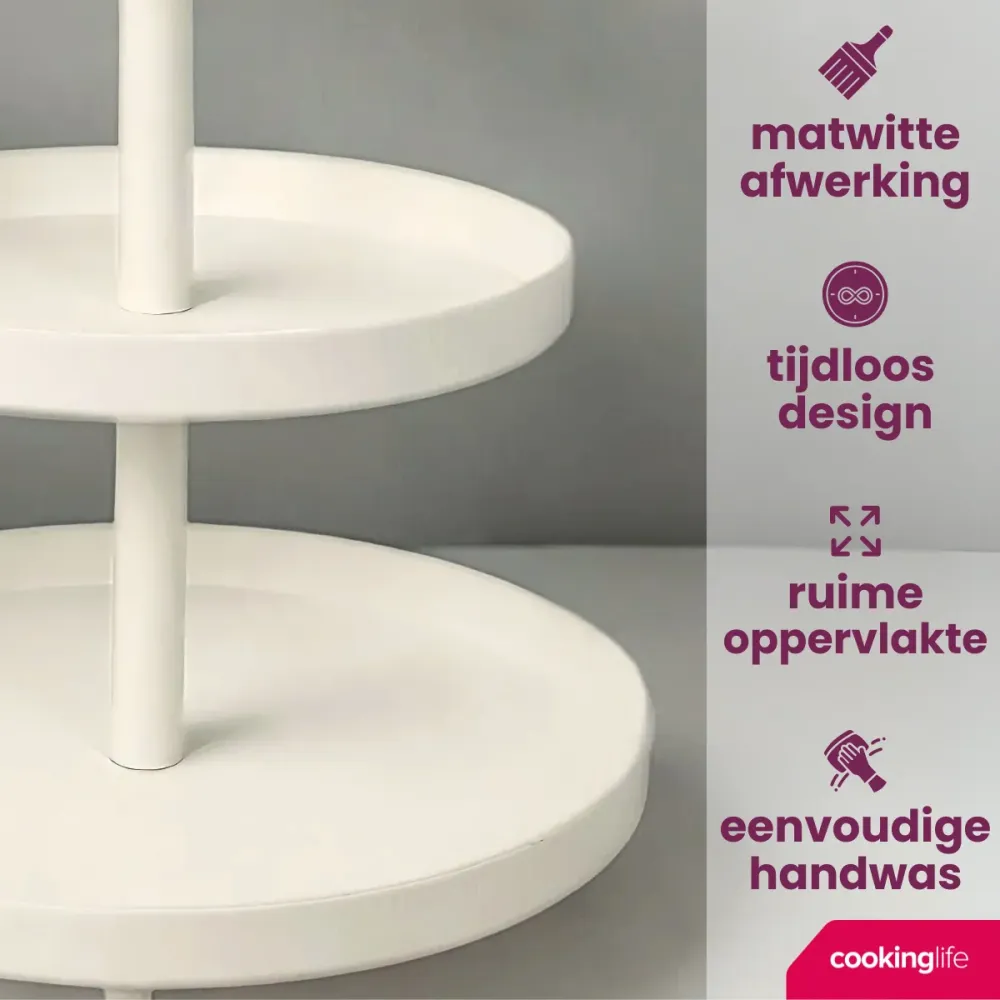 Cookinglife Etagère metaal creme ø 20, 25 & 30 cm - 3-laags - 55 cm hoog