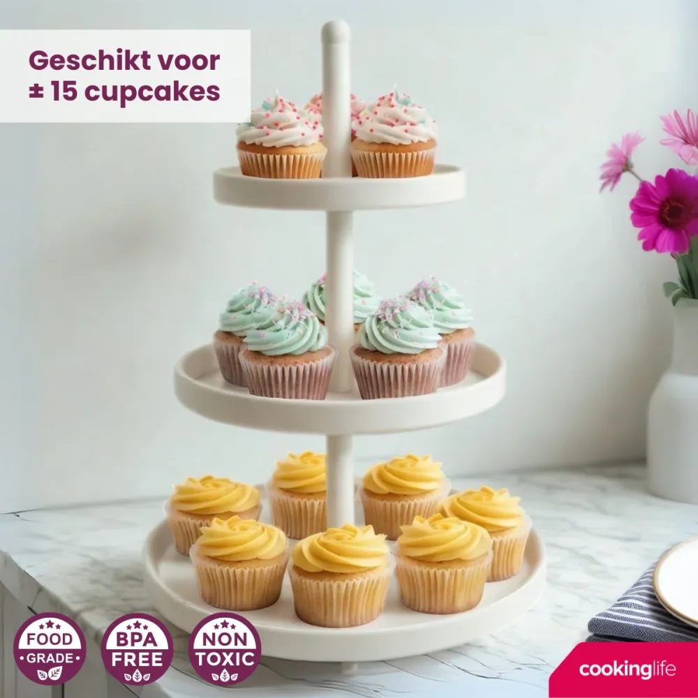 Cookinglife Etagère metaal creme ø 20, 25 & 30 cm - 3-laags - 55 cm hoog