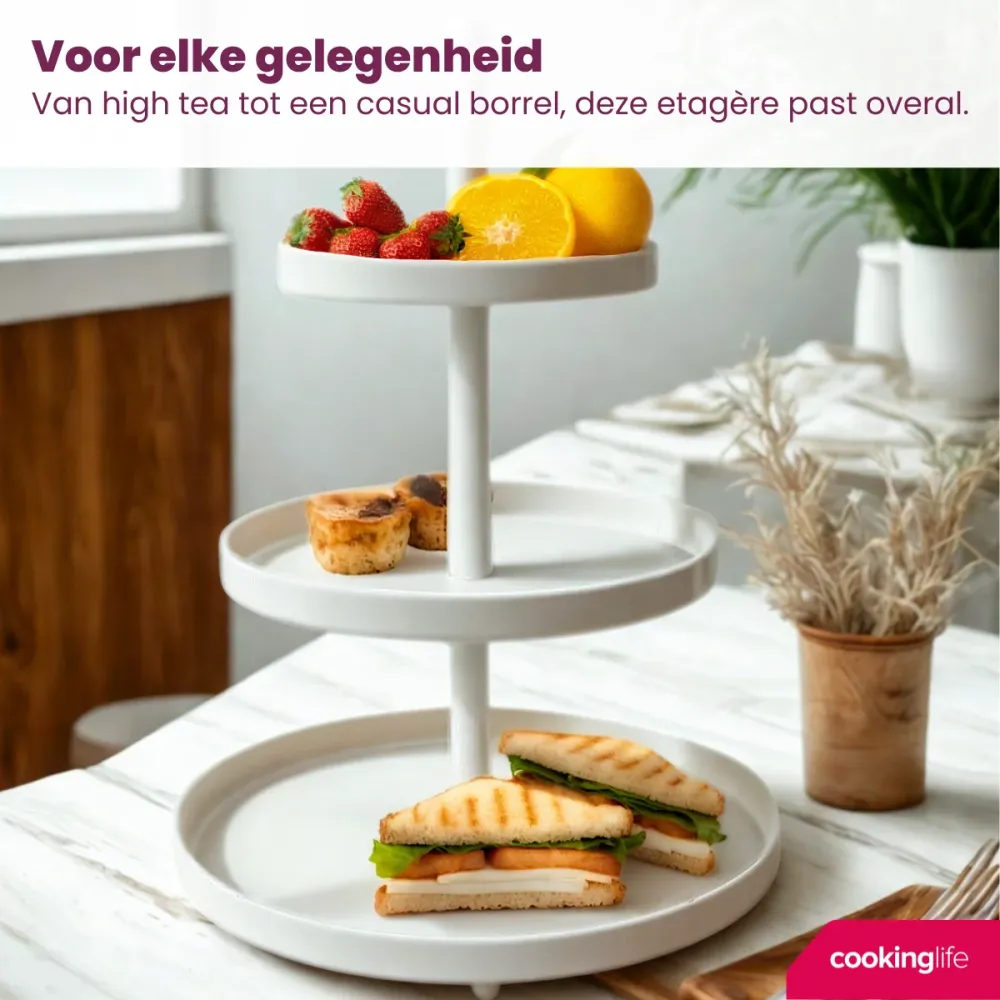 Cookinglife Etagère metaal creme ø 20, 25 & 30 cm - 3-laags - 55 cm hoog