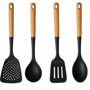 Cookinglife Keukengerei set - Kookgerei set - hout zwart 4 delig - Schuimspaan, soeplepel, bakspaan & opscheplepel