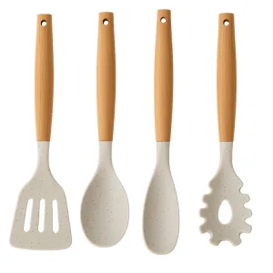 Cookinglife Keukengerei set - Kookgerei set - hout beige 4 delig - Bakspaan, opscheplepel, saladelepel & spaghettilepel