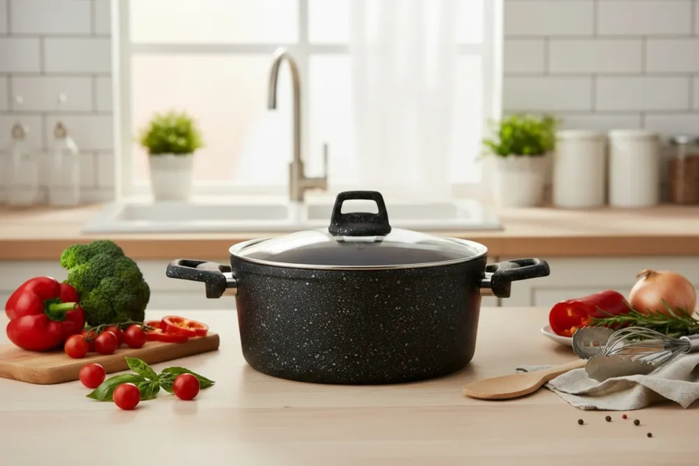 Cookinglife Kookpan met deksel - Black Speckle - Aluminium Ø 24 cm / 4.4 Liter - Geschikt voor alle warmtebronnen - standa...