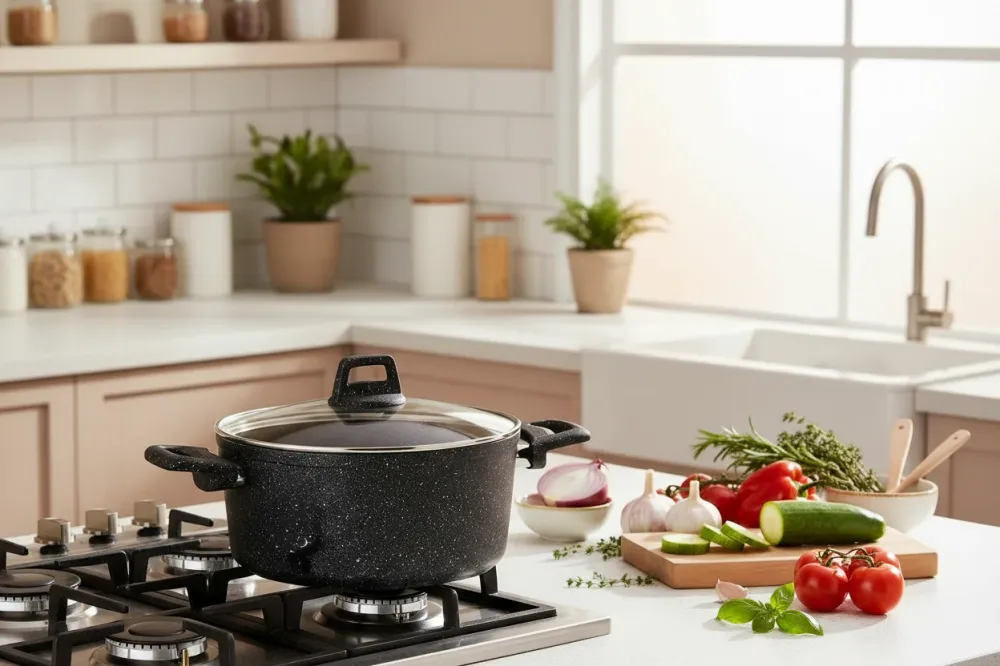 Cookinglife Kookpan met deksel - Black Speckle - Aluminium Ø 22 cm / 3.5 Liter - Geschikt voor alle warmtebronnen - standa...