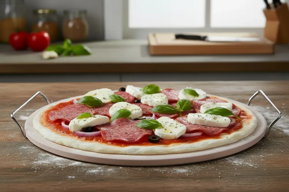 Cookinglife Pizzasteen met houder Fire & Flavour ø 33 cm - Hittebestendig Steen - BBQ en Oven Gebruik