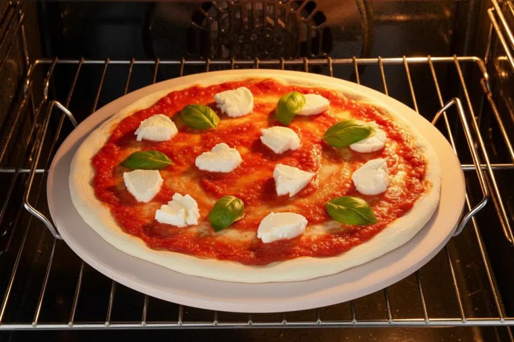 Cookinglife Pizzasteen met houder Fire & Flavour ø 33 cm - Hittebestendig Steen - BBQ en Oven Gebruik