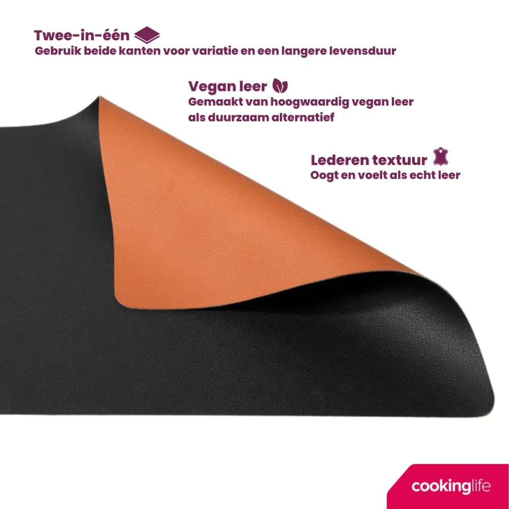 Cookinglife Placemats - Dubbelzijdig - Vegan leer - Cognac / Zwart 46 x 33 cm - 6 Stuks