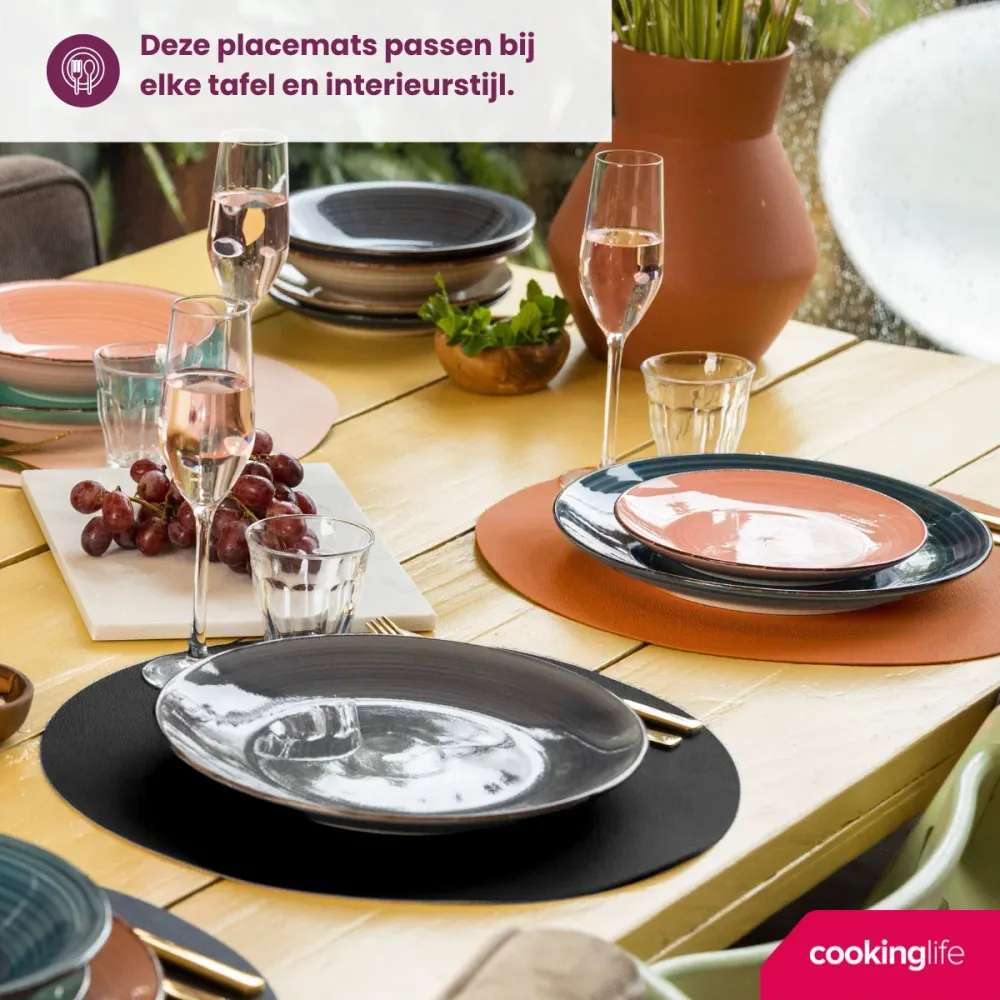 Cookinglife Placemats - Dubbelzijdig - Vegan leer - Cognac / Zwart ø 38 cm - 6 Stuks