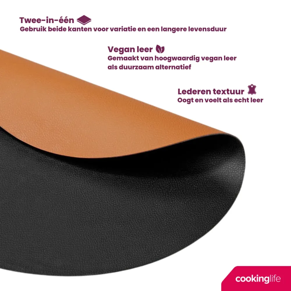 Cookinglife Placemats - Dubbelzijdig - Vegan leer - Cognac / Zwart ø 38 cm - 6 Stuks