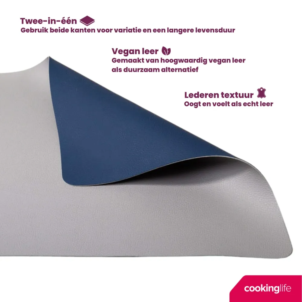 Cookinglife Placemats - Dubbelzijdig - Vegan leer - Grijs / Blauw 46 x 33 cm - 6 Stuks