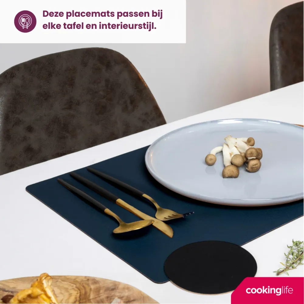 Cookinglife Placemats - Dubbelzijdig - Vegan leer - Grijs / Blauw 46 x 33 cm - 6 Stuks
