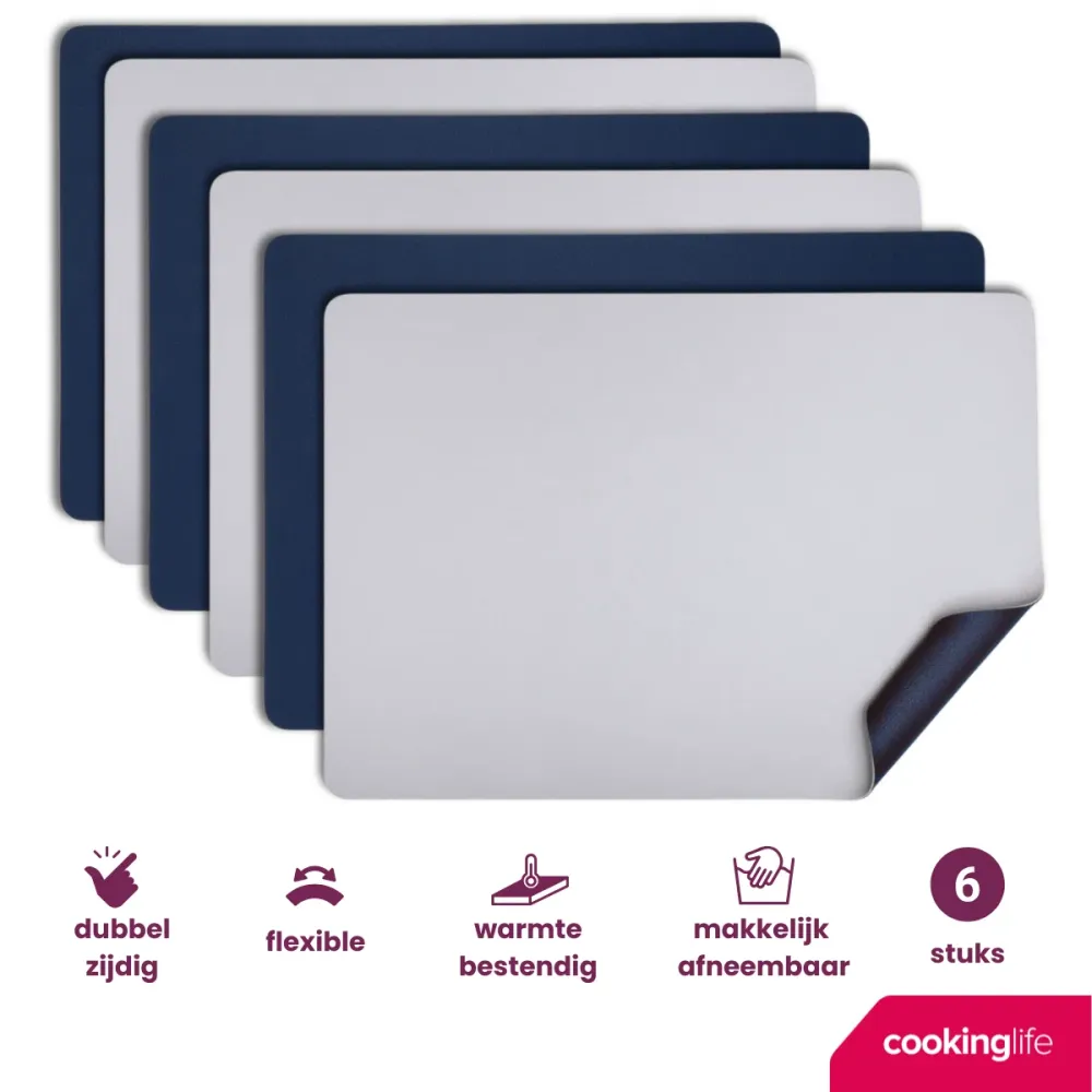 Cookinglife Placemats - Dubbelzijdig - Vegan leer - Grijs / Blauw 46 x 33 cm - 6 Stuks