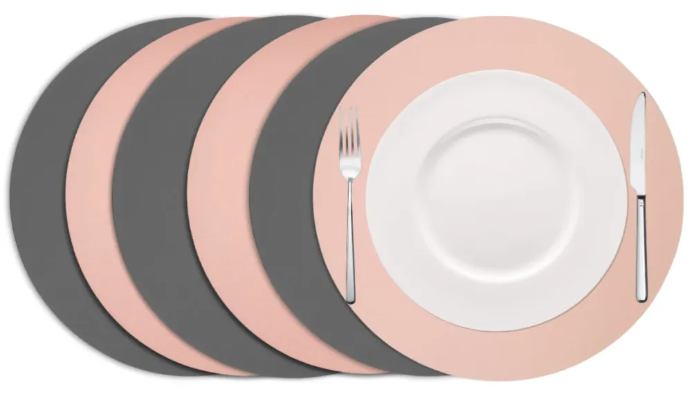 Cookinglife Placemats - Dubbelzijdig - Vegan leer - Grijs / Roze ø 38 cm - 6 Stuks