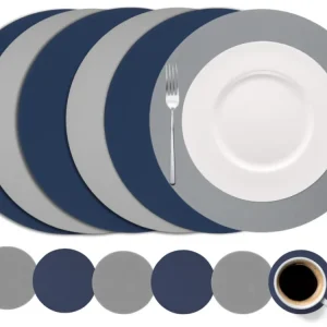 Cookinglife 6 Placemats + 6 Onderzetters - Dubbelzijdig - Rond - Vegan leer - Blauw / Grijs