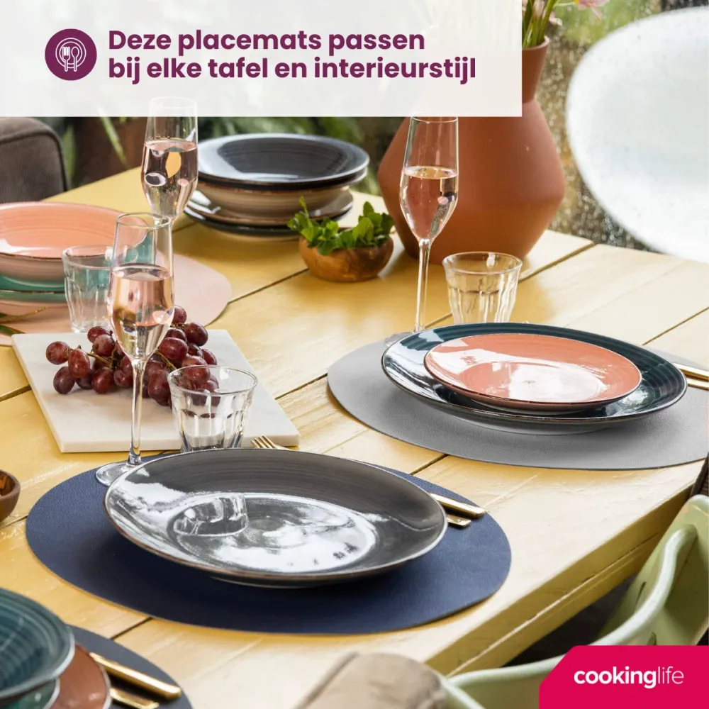 Cookinglife 6 Placemats + 6 Onderzetters - Dubbelzijdig - Rond - Vegan leer - Blauw / Grijs