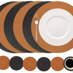 Cookinglife 6 Placemats + 6 Onderzetters - Dubbelzijdig - Rond - Vegan leer - Zwart / Cognac