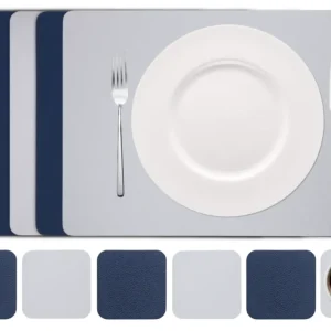 Cookinglife 6 Placemats + 6 Onderzetters - Dubbelzijdig - Vegan leer - Blauw / Grijs