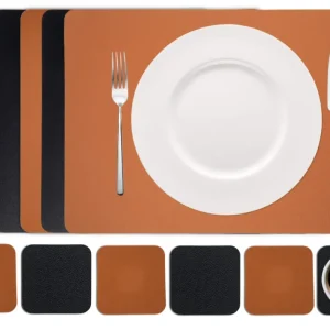 Cookinglife 6 Placemats + 6 Onderzetters - Dubbelzijdig - Vegan leer - Zwart / Cognac