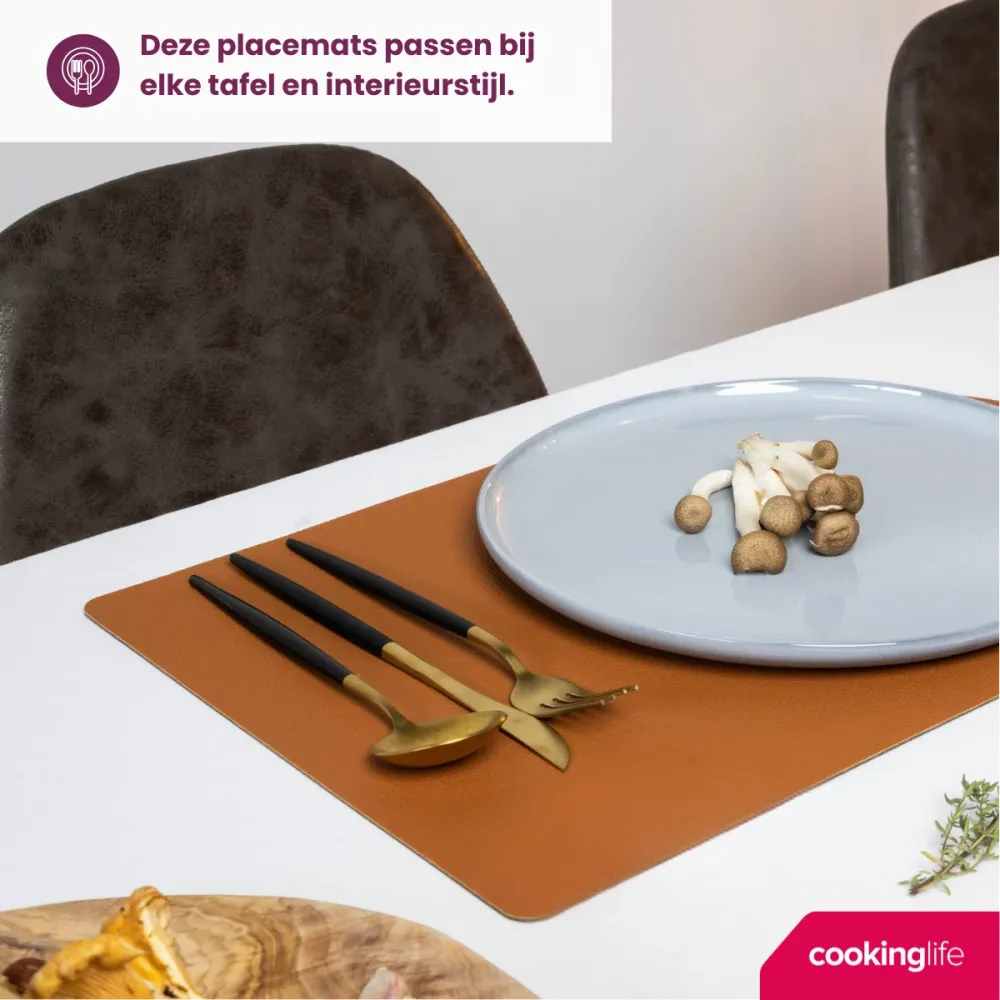 Cookinglife 6 Placemats + 6 Onderzetters - Dubbelzijdig - Vegan leer - Zwart / Cognac