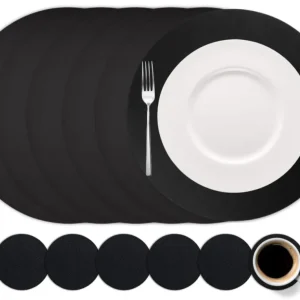 Cookinglife 6 Placemats + 6 Onderzetters - Rond - Vegan leer - Zwart