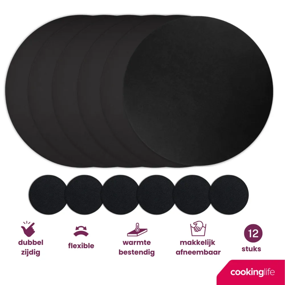 Cookinglife 6 Placemats + 6 Onderzetters - Rond - Vegan leer - Zwart
