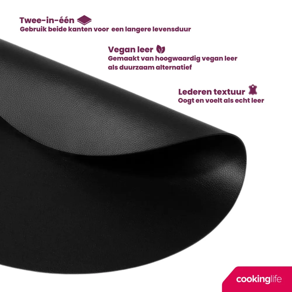 Cookinglife 6 Placemats + 6 Onderzetters - Rond - Vegan leer - Zwart