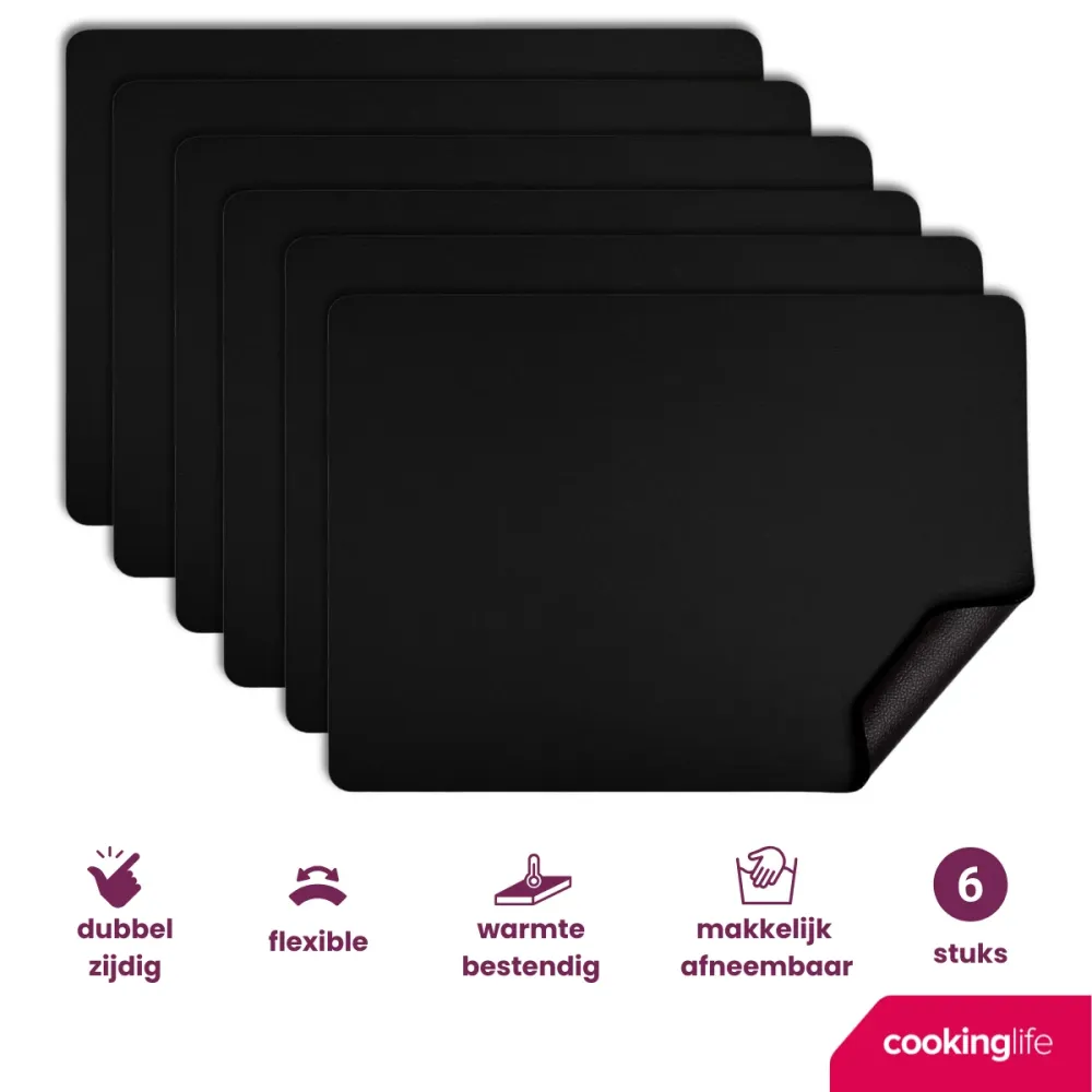 Cookinglife Placemats - Vegan leer - Zwart - 46 x 33 cm - 6 stuks