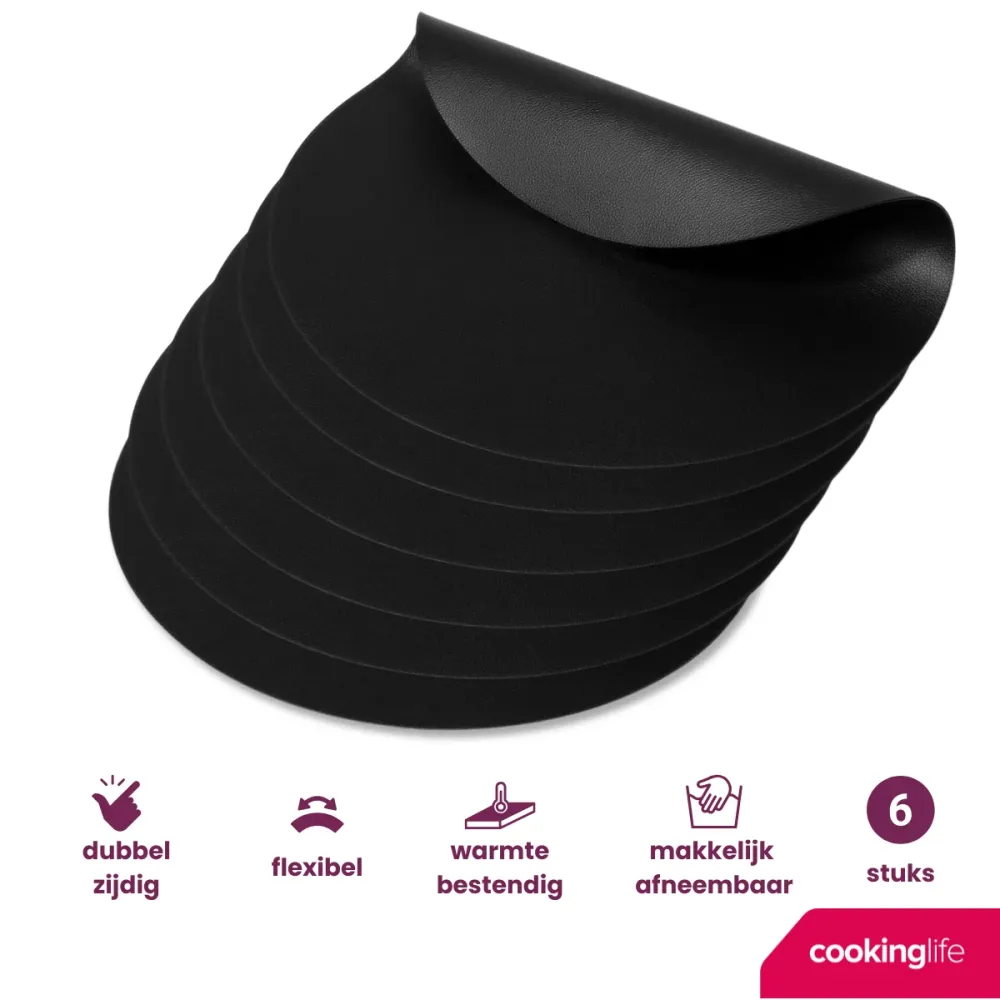 Cookinglife Placemats - Vegan leer - Zwart - ø 38 cm - 6 stuks