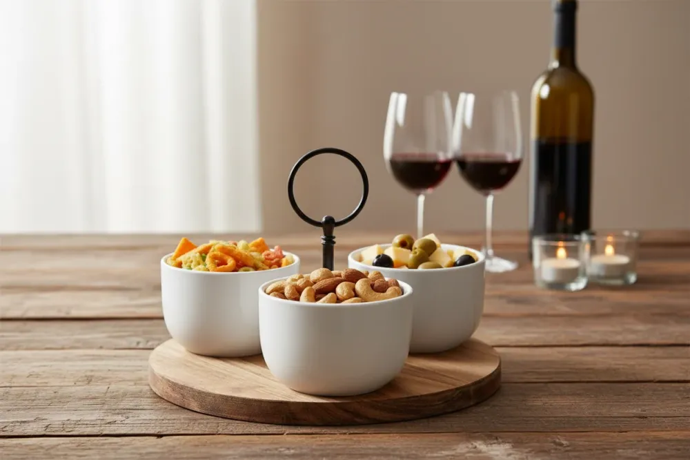 Cookinglife Serveerset / tapasset 4-delig - Acacia Hout ø 19 cm - Met Porseleinen Schaaltjes