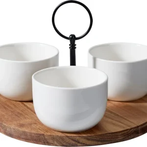 Cookinglife Serveerset / tapasset 4-delig - Acacia Hout ø 19 cm - Met Porseleinen Schaaltjes