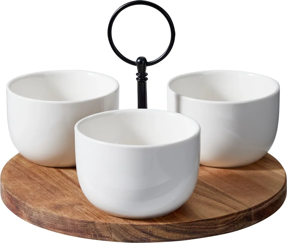 Cookinglife Serveerset / tapasset 4-delig - Acacia Hout ø 19 cm - Met Porseleinen Schaaltjes