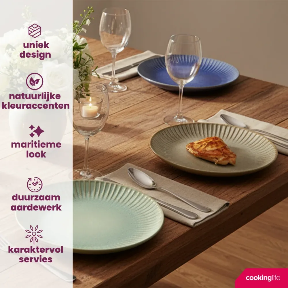 Cookinglife Serviesset Aqua Maris 18-delig / 6 personen - 6 dinerborden, 6 ontbijtborden en 6 kommen