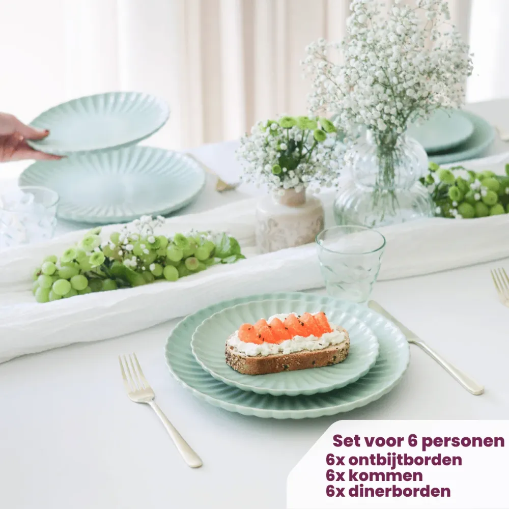 Cookinglife Serviesset Cardida Groen 18-delig / 6 personen - 6 dinerborden, 6 ontbijtborden en 6 kommen