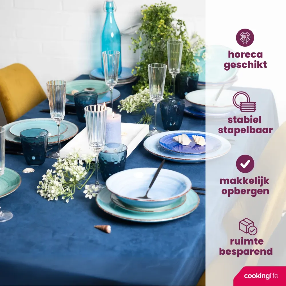 Cookinglife Serviesset Delice Blauw 18-delig / 6 personen - 6 dinerborden, 6 diepe borden en 6 ontbijtborden