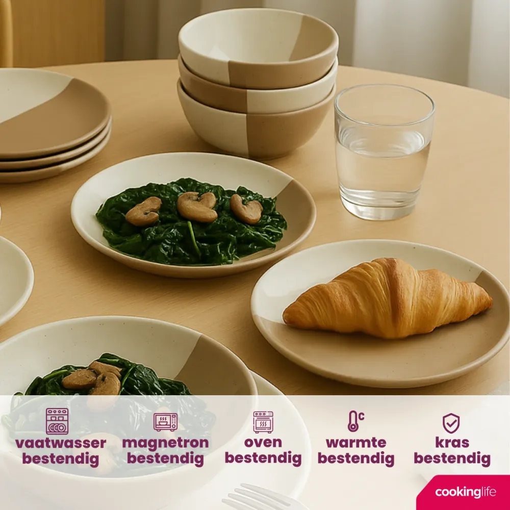 Cookinglife Serviesset Leem 18-delig / 6 personen - 6 dinerborden, 6 ontbijtborden en 6 kommen