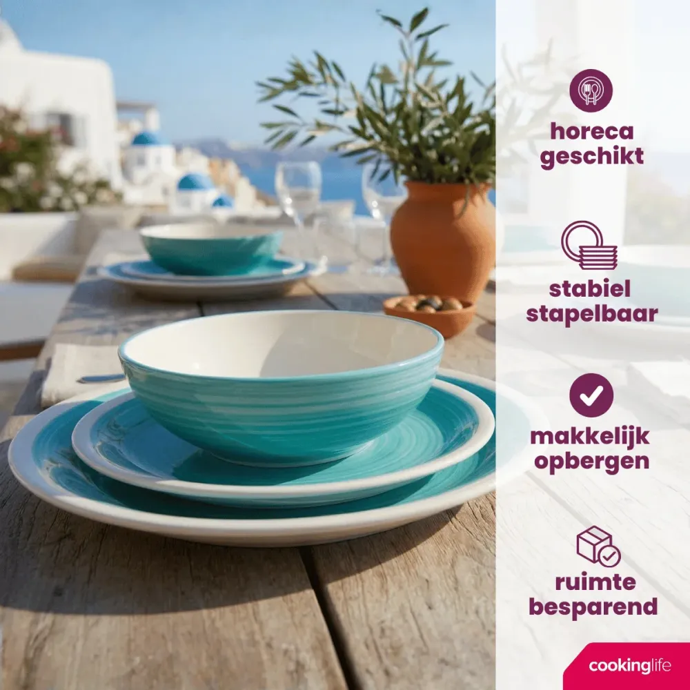 Cookinglife Serviesset Ocean Turquoise 12-delig / 4 Personen - 4 dinerborden, 4 ontbijtborden en 4 kommen