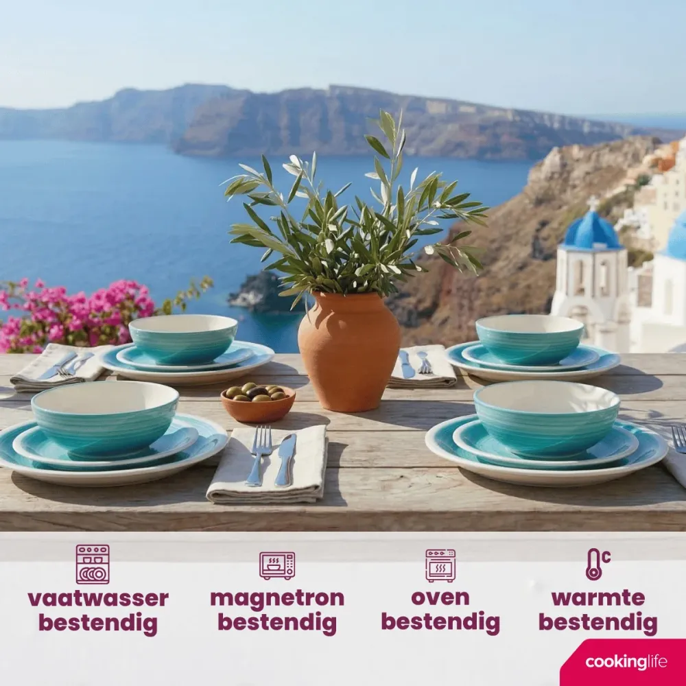 Cookinglife Serviesset Ocean Turquoise 12-delig / 4 Personen - 4 dinerborden, 4 ontbijtborden en 4 kommen