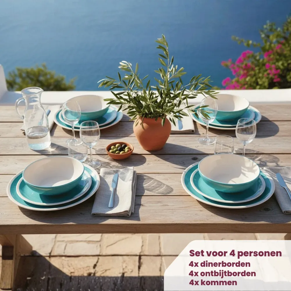 Cookinglife Serviesset Ocean Turquoise 12-delig / 4 Personen - 4 dinerborden, 4 ontbijtborden en 4 kommen
