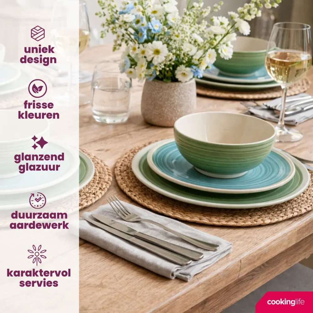 Cookinglife Serviesset Oceanico Groen 24-delig / 8 Personen - 8 dinerborden, 8 ontbijtborden en 8 kommen