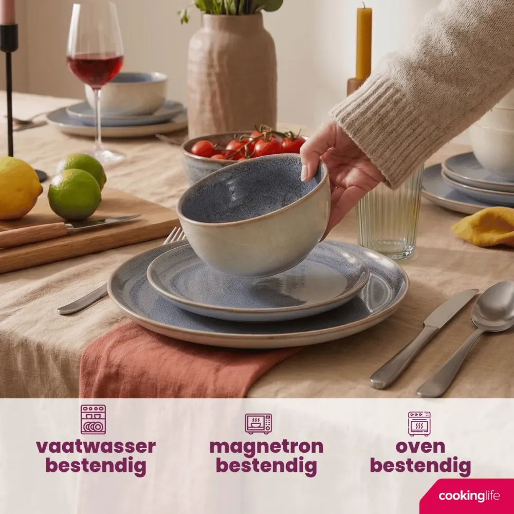 Cookinglife Serviesset Serene Blue 12-delig / 4 personen - 4 dinerborden, 4 ontbijtborden en 4 kommen