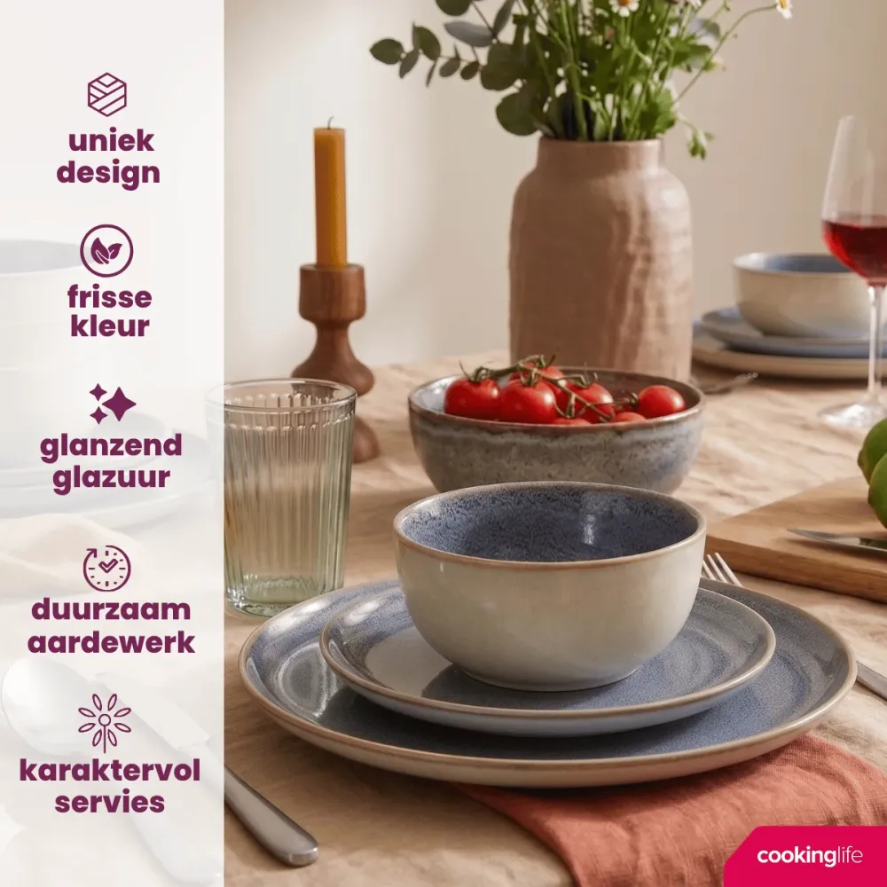 Cookinglife Serviesset Serene Blue 12-delig / 4 personen - 4 dinerborden, 4 ontbijtborden en 4 kommen