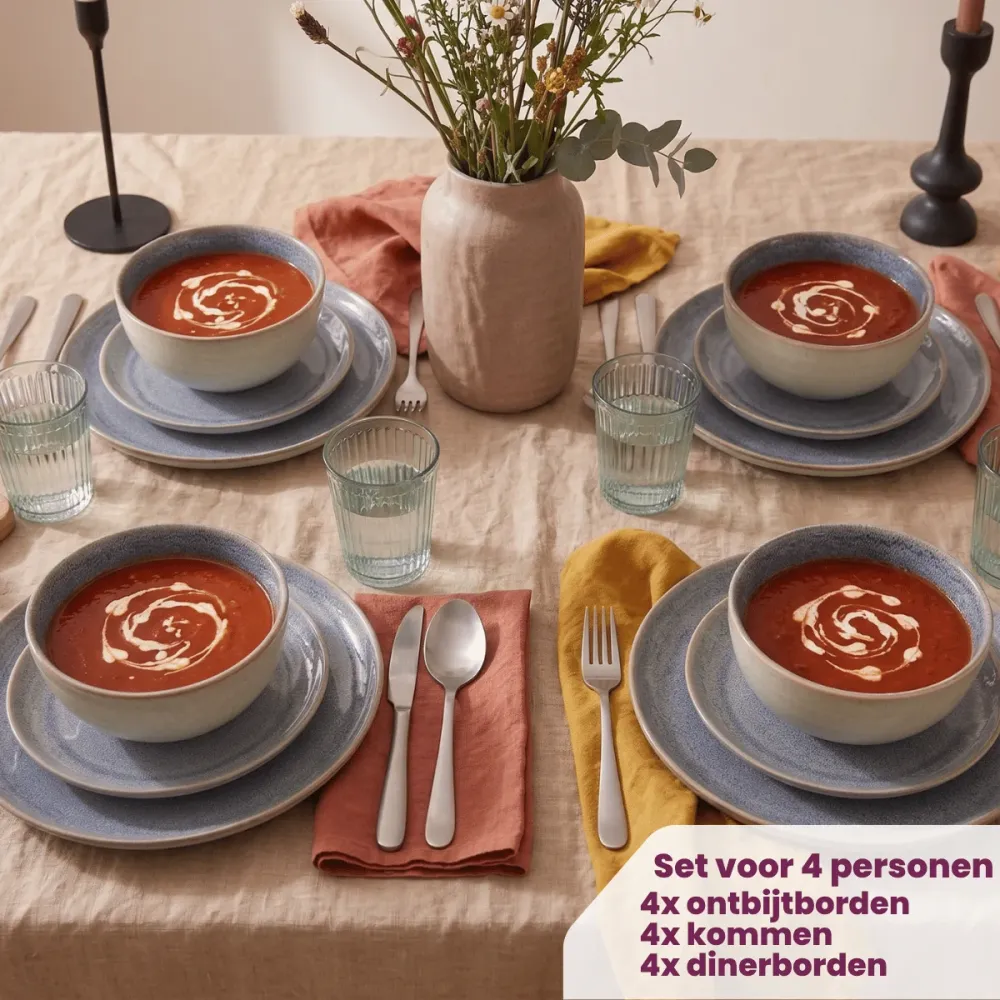 Cookinglife Serviesset Serene Blue 12-delig / 4 personen - 4 dinerborden, 4 ontbijtborden en 4 kommen