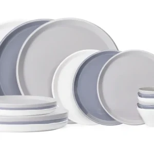 Cookinglife Serviesset Siaki - Wit / Blauw / Grijs - Porselein 18-delig / 6 personen - 6 dinerborden, 6 ontbijtborden en 6...