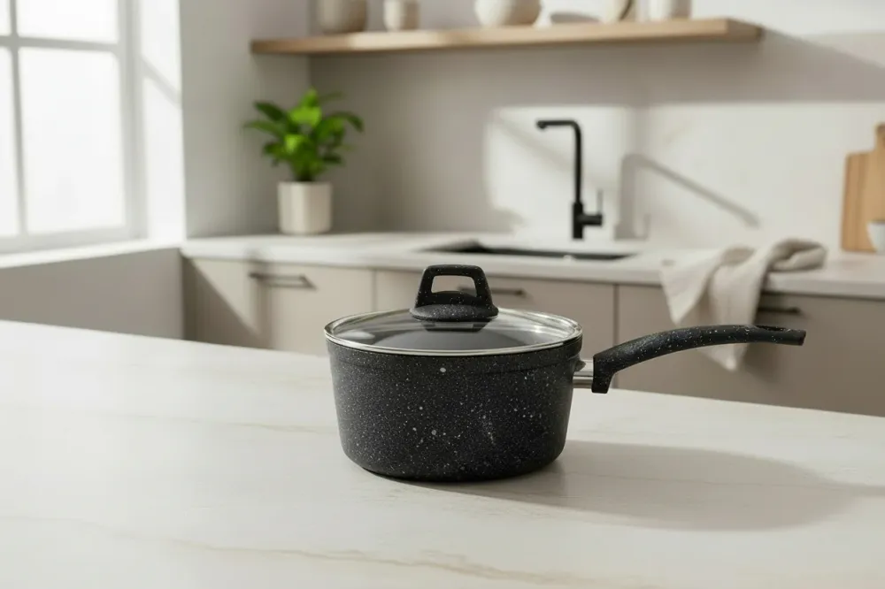 Cookinglife Steelpan / Sauspan met deksel - Black Speckle - Aluminium ø 18 cm / 2.2 liter - Geschikt voor alle warmtebronn...