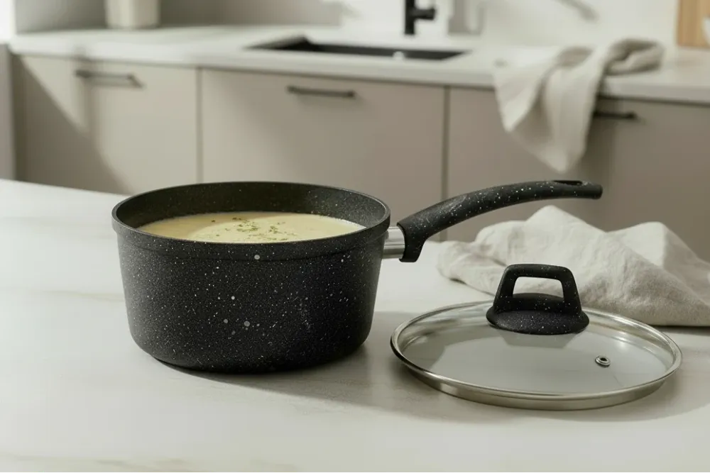 Cookinglife Steelpan / Sauspan met deksel - Black Speckle - Aluminium ø 18 cm / 2.2 liter - Geschikt voor alle warmtebronn...