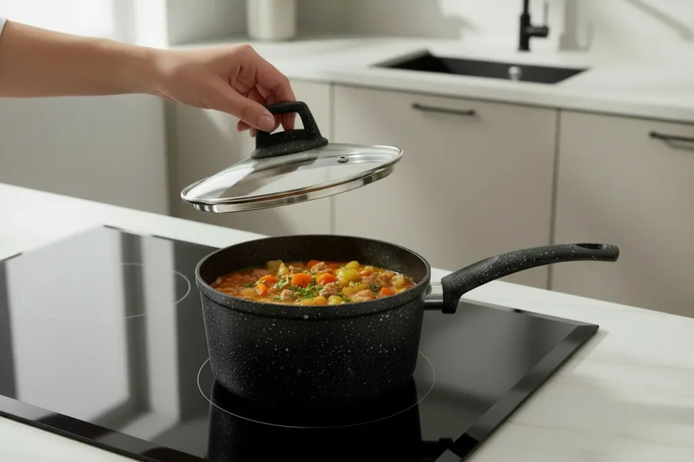 Cookinglife Steelpan / Sauspan met deksel - Black Speckle - Aluminium ø 18 cm / 2.2 liter - Geschikt voor alle warmtebronn...